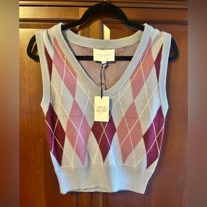 Pink Rose Argyle Grey/Pink Knit Vest Size XS